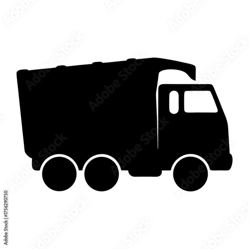 Vector art of silhouette of a tipper truck, a robust vehicle designed for transporting and unloading bulk materials, rendered in a clean, minimalist style for versatile use