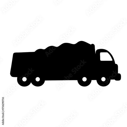 Vector art of silhouette of a dump truck, a heavyduty vehicle used for transporting loose materials such as sand, gravel, or demolition waste, depicted in a simple, bold design
