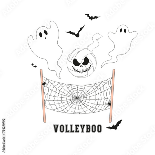 Spooky Halloween Ghosts Playing Volleyball Illustration, Cute Sporty Vintage Aesthetic Clipart for T-Shirt Design, Scrapbooking and Stickers