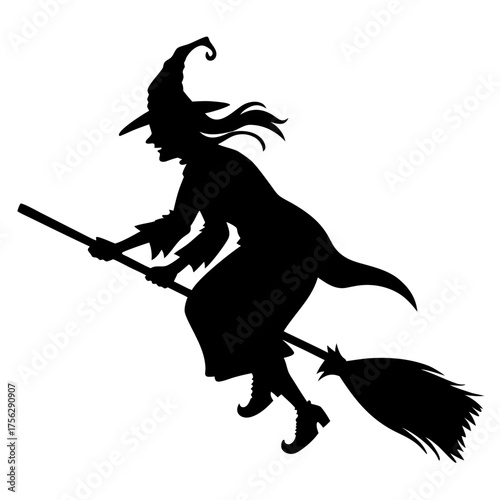 Witch Silhouette Flying on Broomstick Against White Background Halloween Illustration Spooky Season Graphic Design