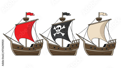 A digital illustration of three stylized pirate ships arranged horizontally against a black background.  
