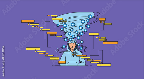 An illustration depicting a person experiencing mental distress with a swirling vortex of thoughts and timelines, symbolizing stress.