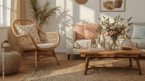 Boho Living Room with Wicker Armchair, Vintage Coffee Table, and Soft Pastel Decor in Golden Hour Light