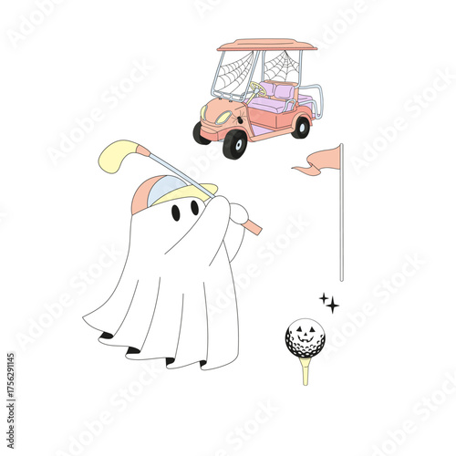 Spooky Halloween Ghosts Playing Golf Illustration, Cute Sporty Vintage Aesthetic Clipart for T-Shirt Design, Scrapbooking and Stickers