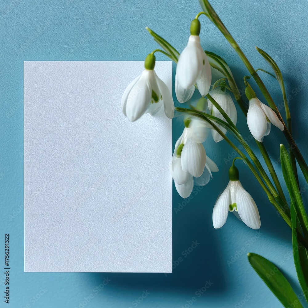 Fototapeta premium White snowdrop flowers and blank square paper set against a soft, light-blue background