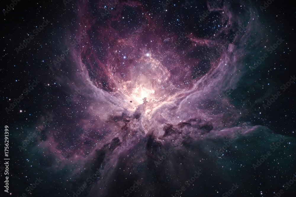 Obraz premium A cosmic view of a nebula showcasing celestial dust, gas clouds, and scattered stars in space