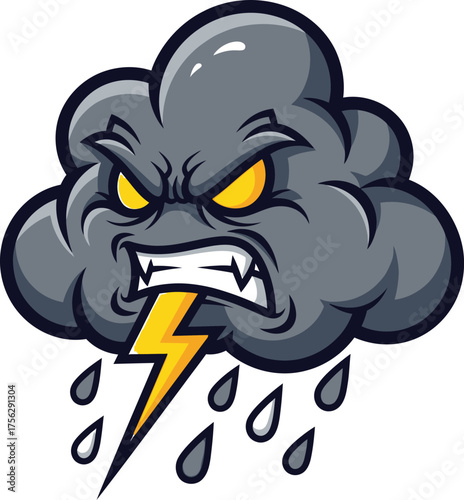 An angry cartoon storm cloud with a lightning bolt and rain, representing bad weather and negative emotions