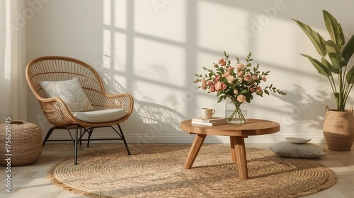Boho Living Room with Wicker Armchair, Vintage Coffee Table, and Soft Pastel Decor in Golden Hour Light