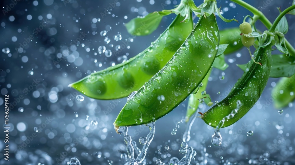 Fototapeta premium Fresh Green Peas in Water with Splashes, Close-Up of Healthy Vegetable, Natural Food Concept, Culinary Photography
