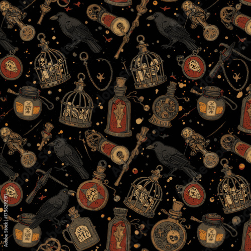 An enchanting dark magic seamless pattern, intricately detailed with vintage occult symbols, mysterious potion bottles, and gothic raven cages.