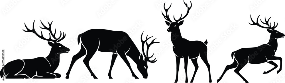 Fototapeta premium Wild Deer Silhouette Vector Set – 4 Poses and Icons Collection