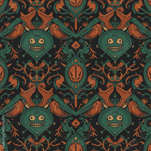 A dark and ornate seamless pattern featuring stylized grinning monster faces, intricate floral scrollwork, and mysterious eye motifs, perfect for gothic design.