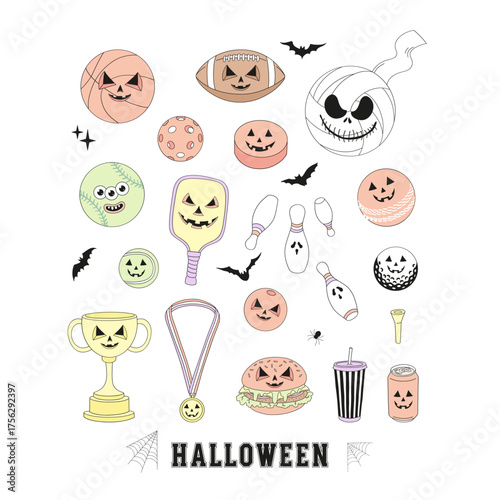 Spooky Halloween Sports Balls Food Awards Clipart Set, Cute Retro Vintage Aesthetic Illustrations for T-Shirt Design, Scrapbooking and Stickers