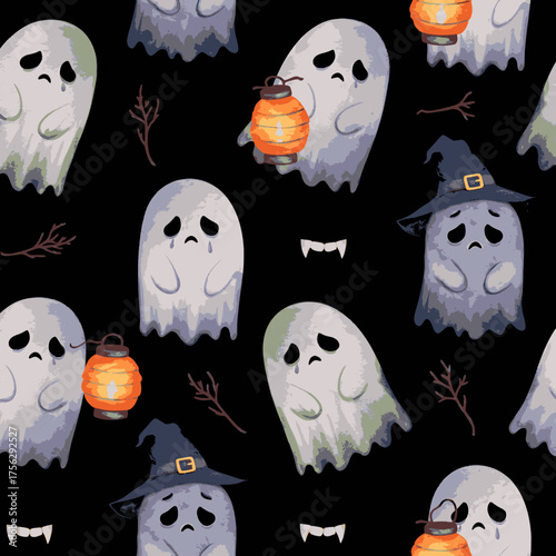 A seamless pattern of melancholic cartoon ghosts, some holding glowing lanterns and others wearing witch hats, creating a spooky backdrop for Halloween.