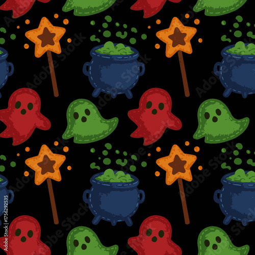 A delightful seamless pattern captures the whimsical spirit of Halloween, showcasing friendly ghosts, bubbling cauldrons, and enchanting star wands.