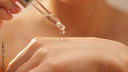 Nourishing skincare serum application using dropper highlights beauty and wellness, emphasizing hydration and self care for healthy skin through effective liquid application on hand