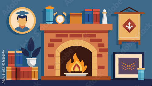 A cozy fireplace with a mantel adorned with photos of past university events and achievements.