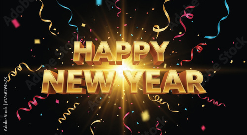 A illustration showcases a vibrant New Year celebration with golden text and colorful confetti against a black backdrop, creating a festive and joyful atmosphere.