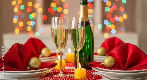 Romantic dinner table setting with champagne and candles