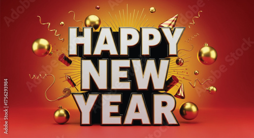 A vibrant 3D rendering showcases 'Happy New Year' amidst golden ornaments and party favors, embodying the joyous spirit of the holiday season and new beginnings.