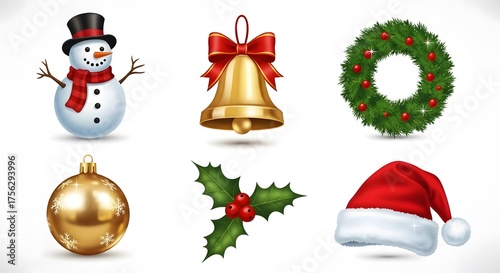 Collection of festive christmas decorations including snowman bell wreath ornament holly and santa hat
