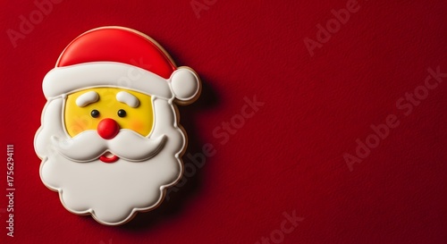 Christmas santa claus cookie with red background and copy space