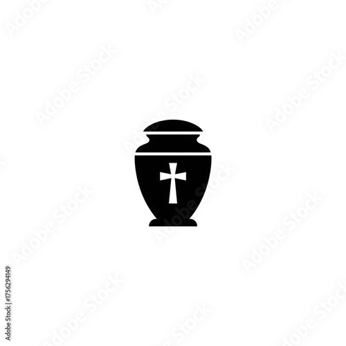 Black vector icon of a cremation urn with a сhristian cross on a transparent background. A symbol of death, funeral services, burial, and remembrance.