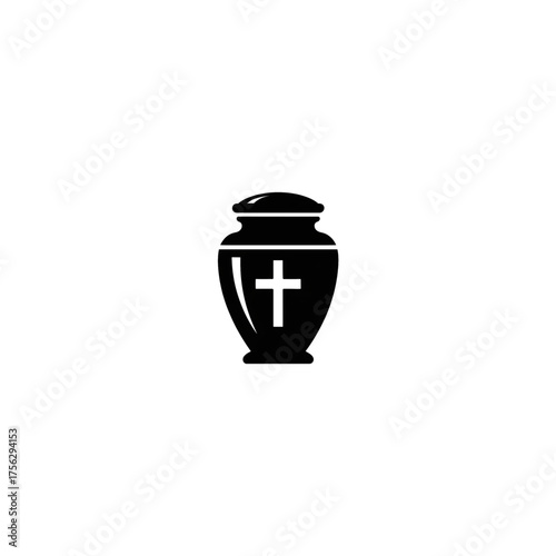 Black vector icon of a cremation urn with a сhristian cross on a transparent background. A symbol of death, funeral services, burial, and remembrance.