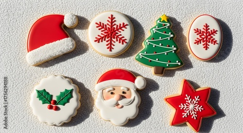 Assortment of festive christmas cookies decorated with santa claus snowflakes and trees
