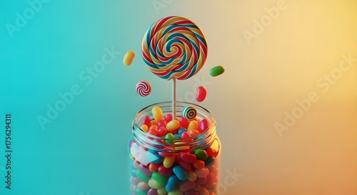 Colorful swirl lollipop emerging from jar of jelly beans with floating candies
