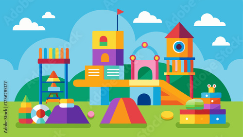 A colorful childrens play area with toys books and a climbing structure.