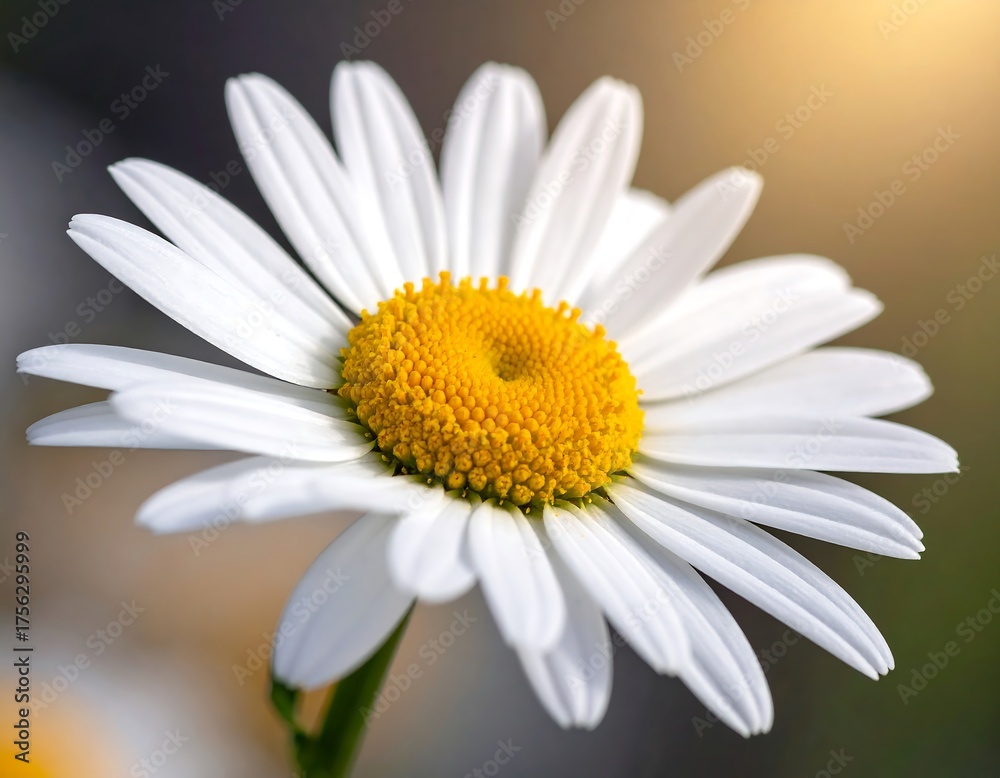 Obraz premium A close-up captures a vibrant daisy, its bright white petals surrounding a yellow center. Soft sunlight provides a glowing effect