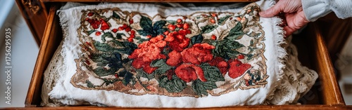 A hand is gently placing a beautiful embroidered textile with floral design into a wooden drawer in a sunny space
