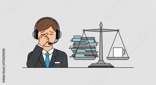 A stressed customer service representative struggles with workplace stress, highlighting the challenges of balancing work and personal well-being.