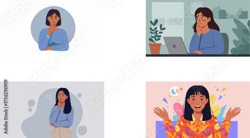 Vector Illustration Set of a Woman's Emotional Transformation from Sadness to Joy.