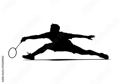 Badminton player vector silhouette in an action pose lunging forward with a racket isolated on white background