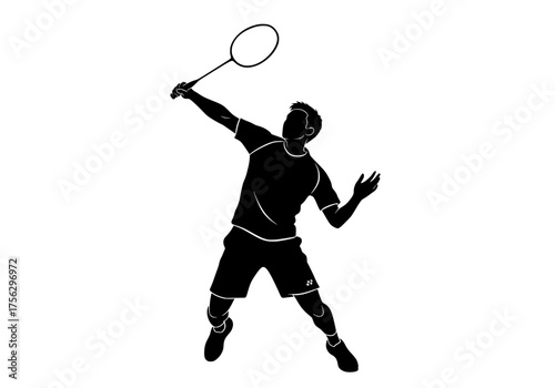 Badminton player silhouette vector illustration performing a powerful serve or smash isolated on white background