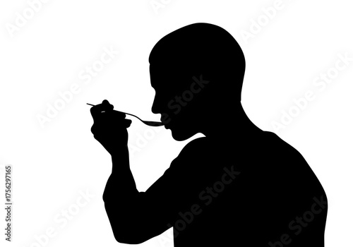Black vector silhouette of a person eating from a spoon representing mealtime nutrition and healthy eating habits
