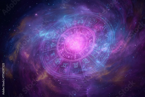 A cosmic illustration of a zodiac circle surrounded by vibrant purple and pink nebulae