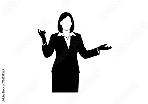 Businesswoman vector silhouette presenting with open hands professional female manager gesturing corporate communication
