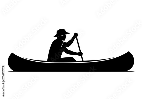 Canoeist silhouette vector graphic featuring an individual paddling a traditional canoe on calm water, isolated for design