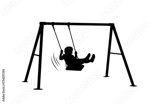 Child on swing set vector silhouette playing happily in a park playground, symbolizing childhood fun and outdoor activity