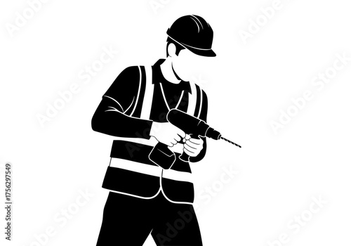 Construction worker vector silhouette operating a power drill wearing hard hat and safety vest on white background