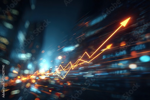 A blurred city scene with an illuminated orange upward-pointing graph, representing growth