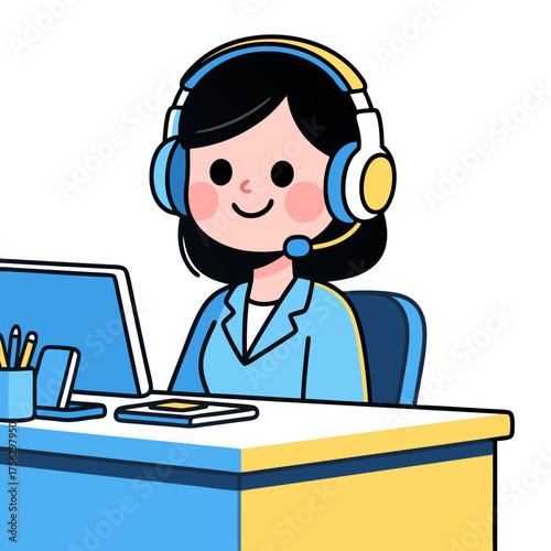 Customer Support Representative with Headset at Desk – Flat Vector Illustration