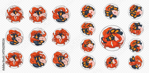 Illustration of multiple plates of seafood, including lobster and mussels.