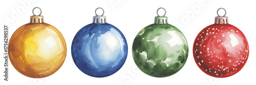 Four colorful christmas baubles gold, blue, green, and red