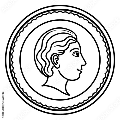 Ancient Roman Coin with Emperor Profile, a Classical Medallion Line Art Vector