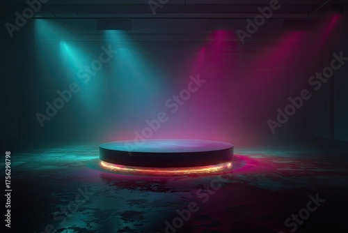 Wallpaper Mural Render of a circular podium bathed in cyan and magenta stage lights, set in a dark room Torontodigital.ca