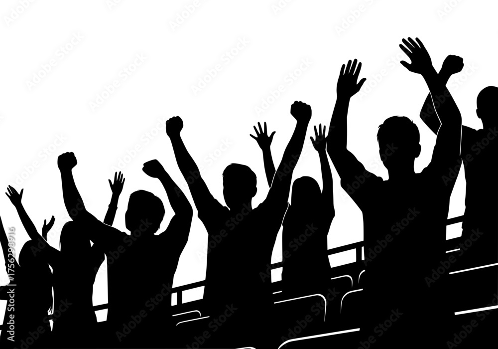Fototapeta premium Dynamic cheering crowd silhouette vector graphic depicting excited fans with raised arms celebrating victory at a sports stadium event